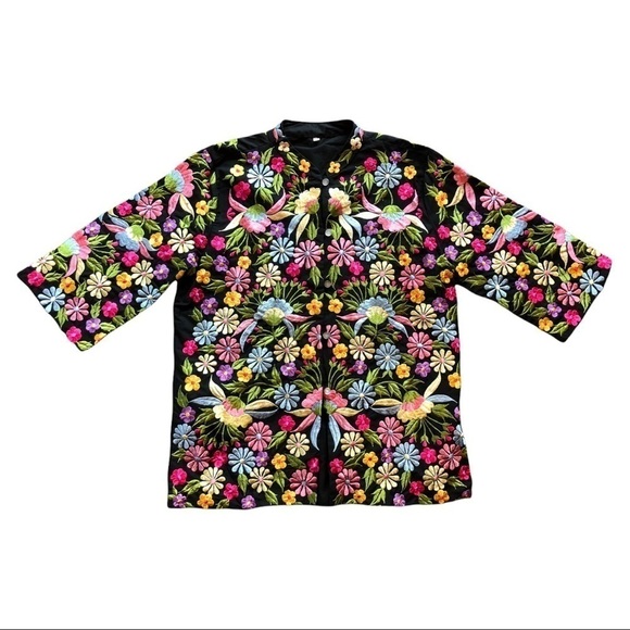 60s Colorful Floral Embroidered 3/4 Long Sleeves Nehru Collar Beatles Jacket S - Picture 1 of 8